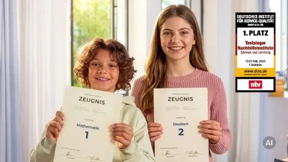 Ein Schüler und eine Schülerin halten ihre Zeugnisse mit den Noten 1 und 2 in die Kamera. Daneben ein Siegel von n-tv, was die Schülerhilfe als bestes Nachhilfeinstitut auszeichnet.